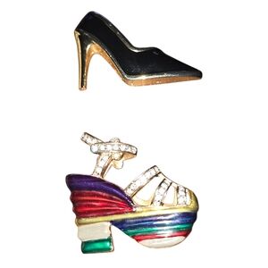 Vintage Chunky Black & Gold Enamel Stiletto Heel Rainbow Rhinestone Brooch Pins